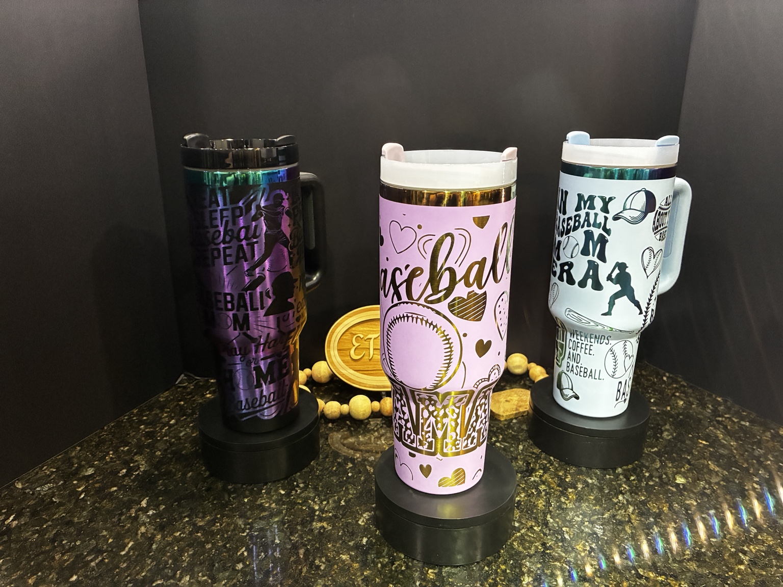 Group of baseball-themed engraved tumblers