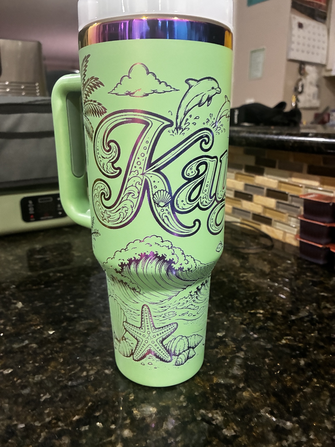 Green beach-themed engraved tumbler