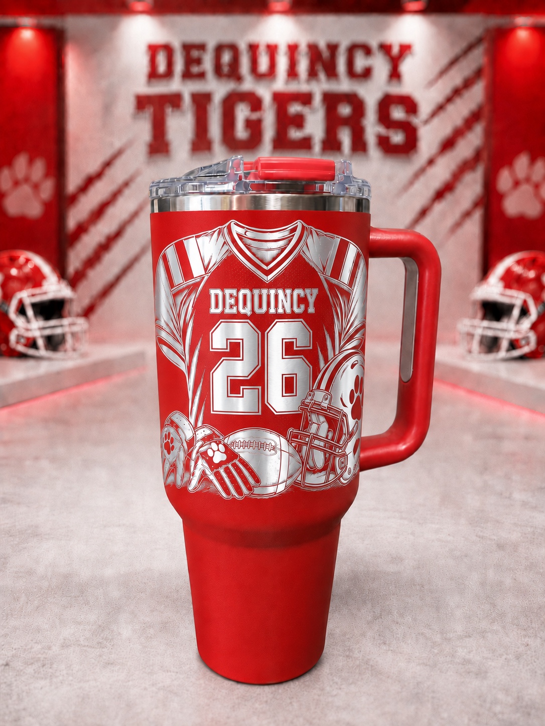 DeQuincy football engraved tumbler
