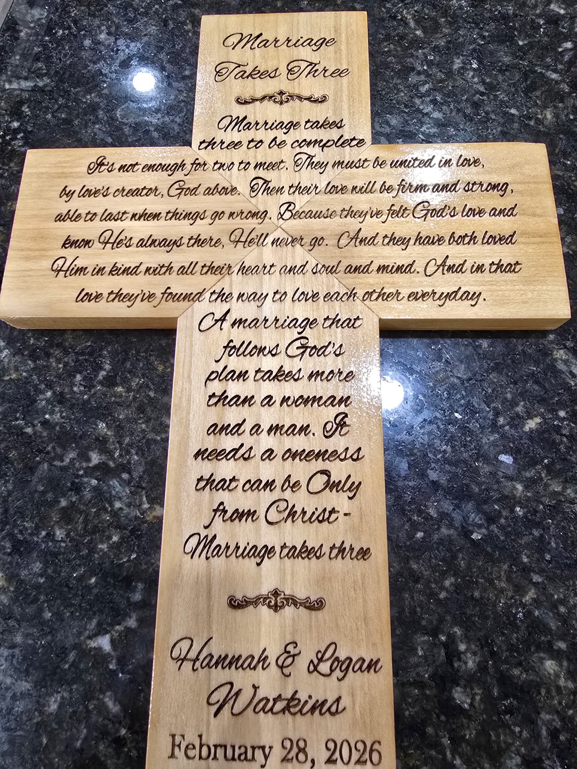 Marriage cross engraved on wood